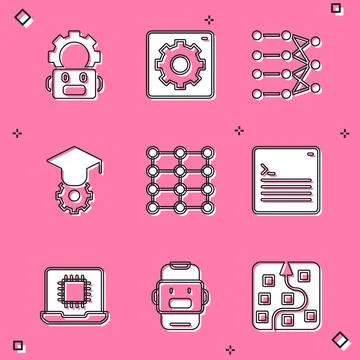 Set Robot setting, Computer api interface, Neural network, Graduation cap, .. Stockillustratie
