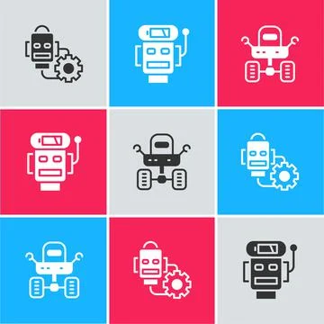 Set Robot setting, low battery charge and Mars rover icon. Vector Stock Illustration