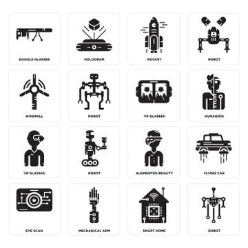 Set of Robot, Smart home, Eye scan, Augmented reality, Vr glasses, Windmill,  Free Stock Illustration