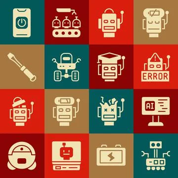 Set Robot, Software, Error in robot, Mars rover, Screwdriver, Turn off from Illustrazione stock