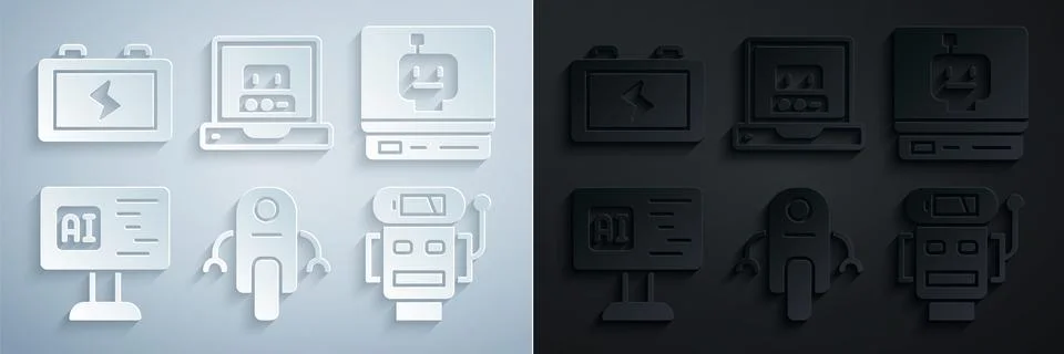 Set Robot, Software, low battery charge, Creating robot and Battery icon. Vector Stock Illustration