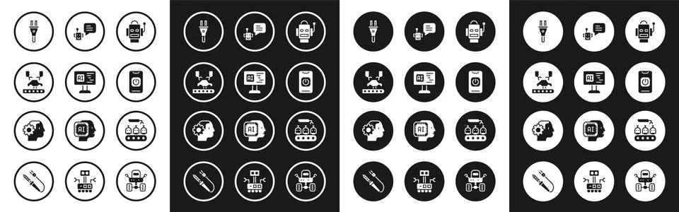 Set Robot, Software, Robotic robot arm on factory, Electric plug, Turn off from Stock Illustration