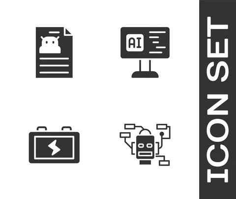 Set Robot, Technical specification, Battery and Software icon. Vector Stock Illustration