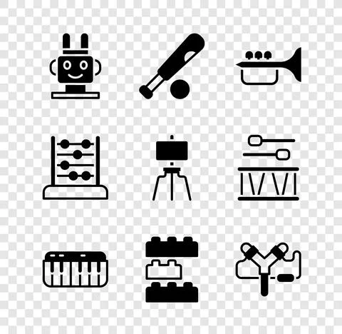 Set Robot toy, Baseball bat with ball, Trumpet, Music synthesizer, Toy building Ilustración de archivo