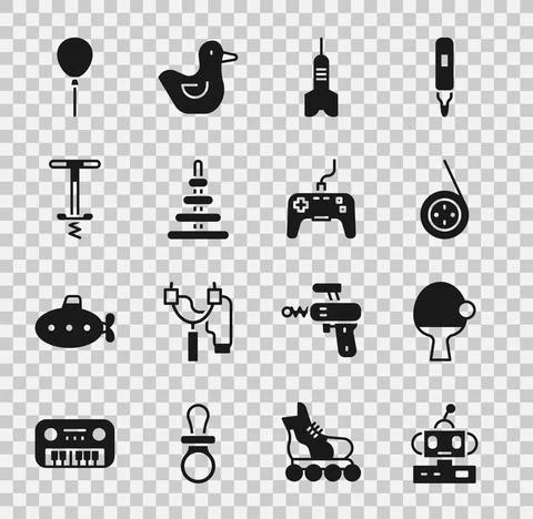 Set Robot toy, Racket and ball, Yoyo, Dart arrow, Pyramid, Pogo stick jumping Stock Illustration