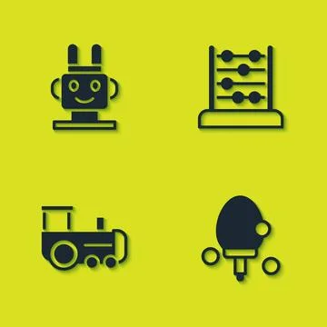 Set Robot toy, Racket, Toy train and Abacus icon. Vector イラスト素材