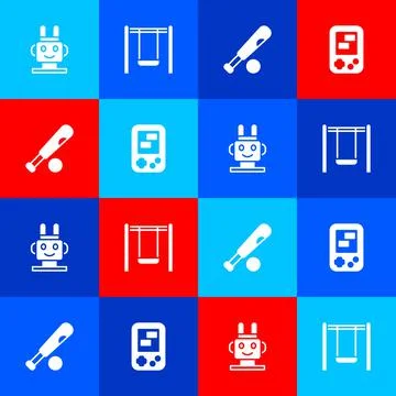 Set Robot toy, Swing, Baseball bat with ball and Tetris electronic game icon Illustrazione stock