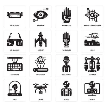 Set of Robot, Tree, Oculus rift, Keyboard, Wi gloves, Ar glasses, Phone call, Free Stock Illustration