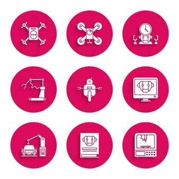 Set Robot, User manual, 3D printer, Bot, Industrial machine robotic robot arm Stock Illustration