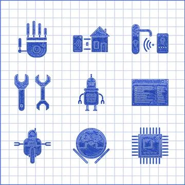 Set Robot, vacuum cleaner, Processor with microcircuits CPU, Software, web Stockillustratie