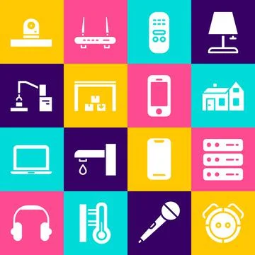 Set Robot vacuum cleaner, Server, Data, Web Hosting, House, Remote control, W Ilustración de archivo
