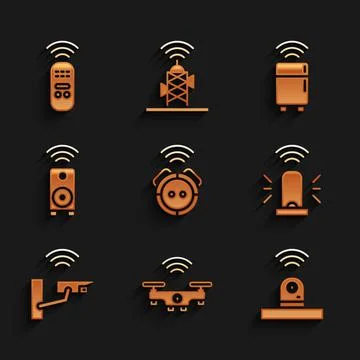 Set Robot vacuum cleaner, Smart drone, security camera, flasher siren, stereo Ilustración de archivo
