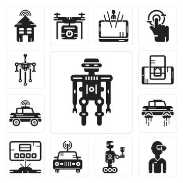 Set of Robot, Vr glasses, Car, Hologram, Flying car, Smartphone, Robot icons Illustrazione stock gratuita
