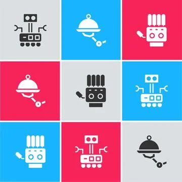 Set Robot, Waiter robot and Mechanical hand icon. Vector Illustrazione stock