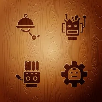 Set Robot, Waiter robot, Mechanical hand and Broken on wooden background. Vector Stock Illustration