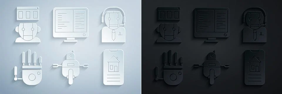 Set Robot, Worker robot, Mechanical hand, Smart home, Computer monitor screen Illustrazione stock