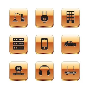 Set Robotic robot arm hand factory, Smart sensor, Headphones, Smartphone, Server Illustrazione stock