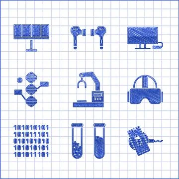 Set Robotic robot arm hand factory, Test tube flask, Wireless charger, Virtual Illustrazione stock