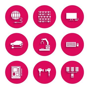 Set Robotic robot arm hand factory, Air headphones, Server, Data, Web Hosting Illustrazione stock