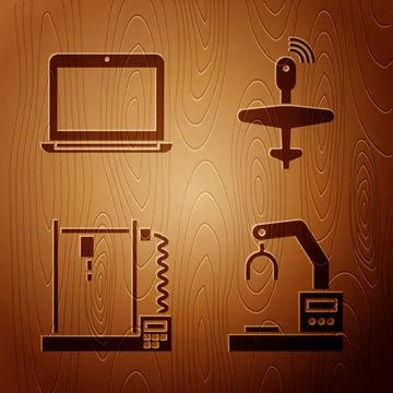 Set Robotic robot arm hand factory, Laptop, 3D printer and UAV Drone on wooden 스톡 일러스트