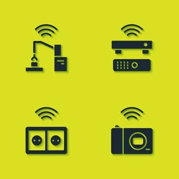 Set Robotic robot arm hand factory, Smart photo camera, electrical outlet and Stock Illustration