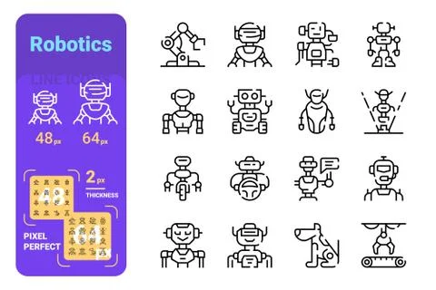 Set robotics simple lines icons of different robots. Illustrazione stock