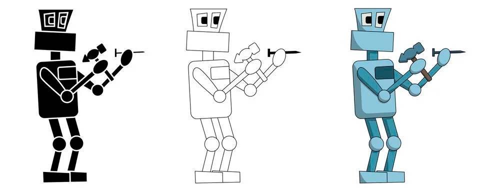 Set of robots hammer nails at work. Isolated vector illustration Stock Illustration