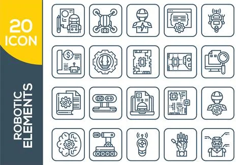 Set of robots Related Vector Line Icons. Includes such Icons as robotics, mac Illustrazione stock