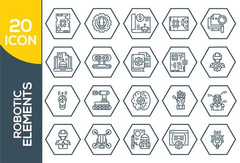 Set of robots Related Vector Line Icons. Includes such Icons as robotics, mac Illustrazione stock