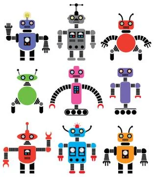Set of robots of various shapes and colors Stock Illustration