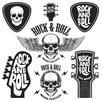 Set of rock and roll emblems. Design element for poster, card, banner, sign,  Stock Illustration