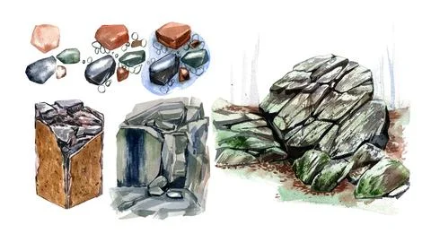 Set rock stone composition isolated on white background. Watercolor hand drawing Stock Illustration