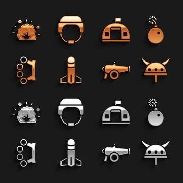Set Rocket, Bomb ready to explode, Viking in horned helmet, Cannon, Brass Illustrazione stock