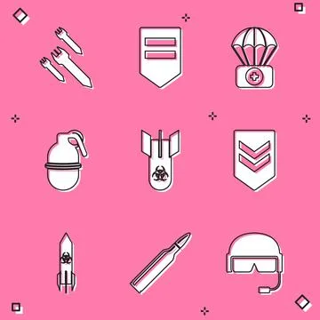 Set Rocket, Chevron, Parachute with first aid kit, Hand grenade, Biohazard bomb Illustrazione stock