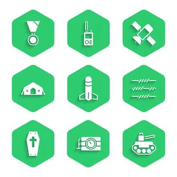 Set Rocket, Dynamite and timer clock, Military tank, Barbed wire, Coffin with Stock Illustration