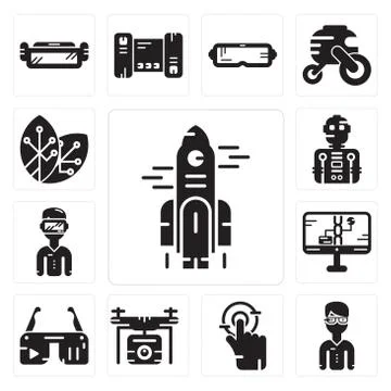 Set of Rocket, Google glasses, Tap, Drone, Ar Dna structure, Oculus rift, Rob Gratis stockillustratie