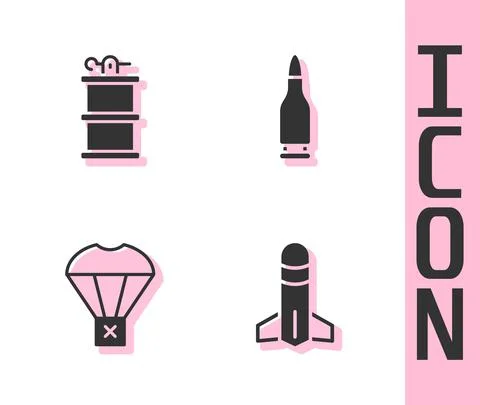 Set Rocket, Hand smoke grenade, Box flying on parachute and Bullet icon. Vector Ilustración de archivo