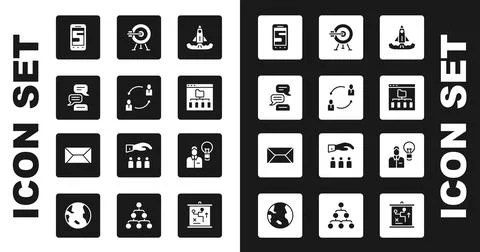 Set Rocket, Human resources, Speech bubble chat, Chat messages on phone, Browser Stock Illustration