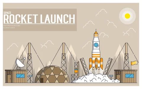 Set of rocket launch and spacecraft icons in thin line style. Linear symbol Stock Illustration