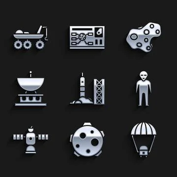 Set Rocket launch from the spaceport, Planet, Space capsule and parachute, Alien Stock Illustration