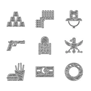 Set Rocket launch from the spaceport, Stacks paper money cash, Donut, Eagle.. Stock Illustration