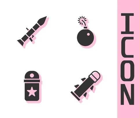 Set Rocket, launcher, Chevron and Bomb ready to explode icon. Vector 스톡 일러스트