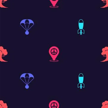 Set Rocket launcher, Parachute, Location peace and Nuclear explosion on seamless Stock Illustration