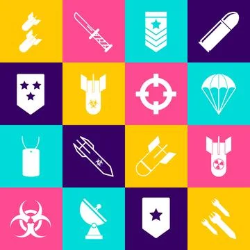Set Rocket, Nuclear bomb, Parachute, Chevron, Biohazard, Aviation and Targe.. Stock Illustration