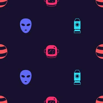Set Rocket ship, Alien, Astronaut helmet and Planet on seamless pattern. Vector Illustrazione stock