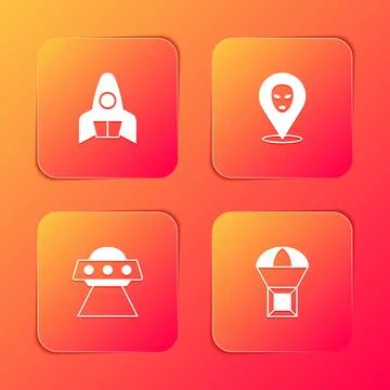 Set Rocket ship, Alien, UFO flying spaceship and Box on parachute icon. Vecto 库存插图