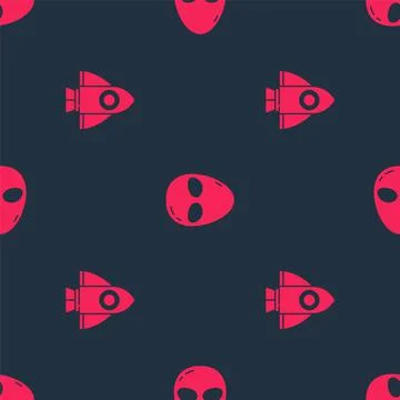 Set Rocket ship and Alien on seamless pattern. Vector Stock Illustration