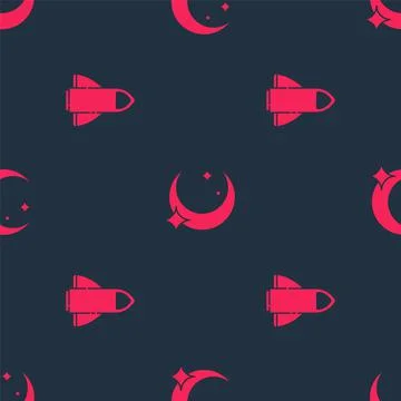 Set Rocket ship and Moon and stars on seamless pattern. Vector Stock Illustration