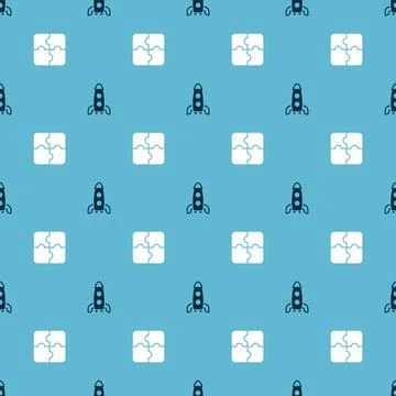 Set Rocket ship and Piece of puzzle on seamless pattern. Vector Stock Illustration
