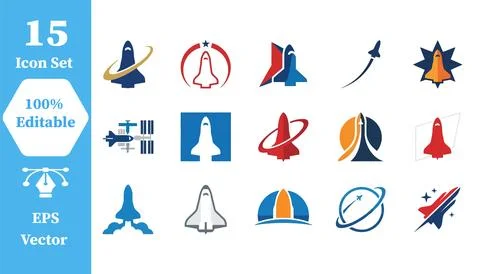 Set of rocket ship and space exploration icons with science fiction, lift off Illustrazione stock